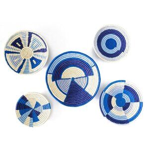 KalaGhar Set of 5 Round Boho Hanging Wall Baskets Handmade Indian Blue Oceanic